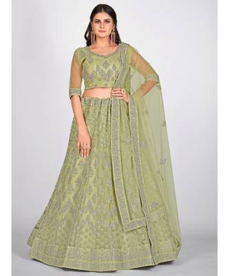 Sea Green Embroidered  Semi Stitched Lehenga & Unstitched Blouse with Dupatta 1