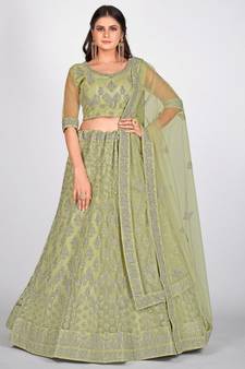Sea Green Embroidered  Semi Stitched Lehenga & Unstitched Blouse with Dupatta