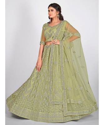 Sea Green Embroidered  Semi Stitched Lehenga & Unstitched Blouse with Dupatta 3