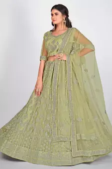 Sea Green Embroidered  Semi Stitched Lehenga & Unstitched Blouse with Dupatta