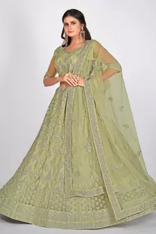 Sea Green Embroidered  Semi Stitched Lehenga & Unstitched Blouse with Dupatta