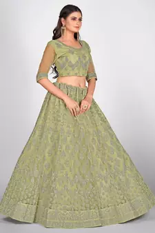 Sea Green Embroidered  Semi Stitched Lehenga & Unstitched Blouse with Dupatta