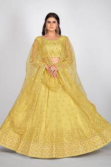 Yellow Embellished Sequinned & Embroidered Semi Stitched Lehenga & Unstitched Blouse With Dupatta