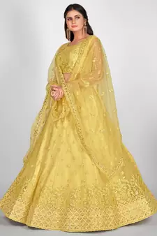 Yellow Embellished Sequinned & Embroidered Semi Stitched Lehenga & Unstitched Blouse With Dupatta