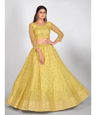 Yellow Embellished Sequinned & Embroidered Semi Stitched Lehenga & Unstitched Blouse With Dupatta 4