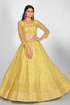 Yellow Embellished Sequinned & Embroidered Semi Stitched Lehenga & Unstitched Blouse With Dupatta
