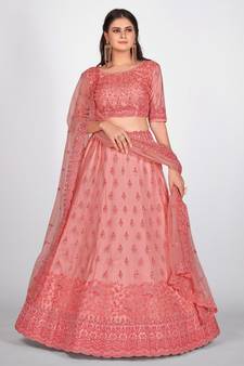 Pink Embellished Sequinned & Embroidered Semi Stitched Lehenga & Unstitched Blouse With Dupatta