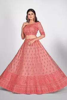Pink Embellished Sequinned & Embroidered Semi Stitched Lehenga & Unstitched Blouse With Dupatta