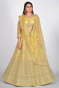 Yellow Embellished Embroidered Semi Stitched Lehenga & Unstitched Blouse With Dupatta