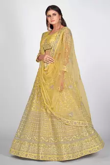 Yellow Embellished Embroidered Semi Stitched Lehenga & Unstitched Blouse With Dupatta