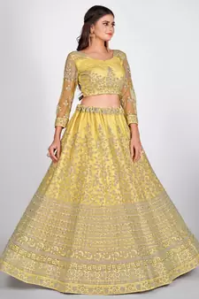 Yellow Embellished Embroidered Semi Stitched Lehenga & Unstitched Blouse With Dupatta