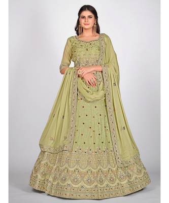 Sea Green Embroidered  Semi Stitched Lehenga & Unstitched Blouse With Dupatta 1