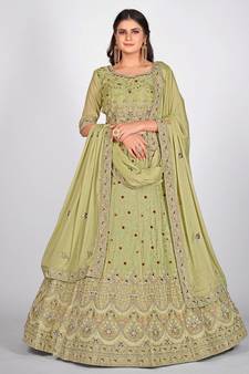 Sea Green Embroidered  Semi Stitched Lehenga & Unstitched Blouse With Dupatta