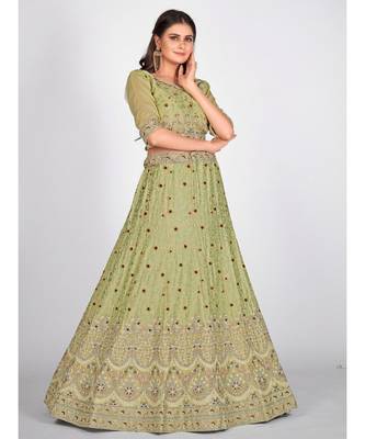 Sea Green Embroidered  Semi Stitched Lehenga & Unstitched Blouse With Dupatta 4