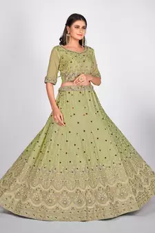 Sea Green Embroidered  Semi Stitched Lehenga & Unstitched Blouse With Dupatta