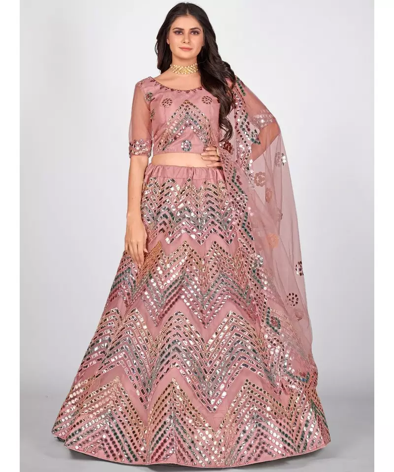 Pink & Silver Foil Zari Semi Stitched Lehenga & Unstitched Blouse with Dupatta