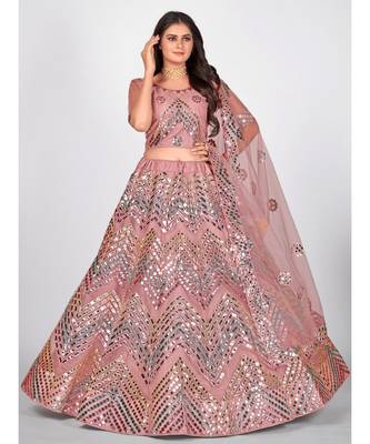 Pink & Silver Foil Zari Semi Stitched Lehenga & Unstitched Blouse with Dupatta 3