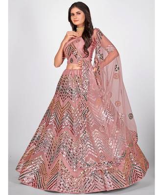 Pink & Silver Foil Zari Semi Stitched Lehenga & Unstitched Blouse with Dupatta 4