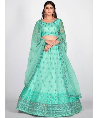 Turquoise Blue Sequinned & Embroidered Semi Stitched Lehenga & Unstitched Blouse With Dupatta 1