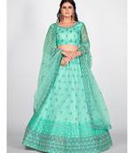 Turquoise Blue Sequinned & Embroidered Semi Stitched Lehenga & Unstitched Blouse With Dupatta