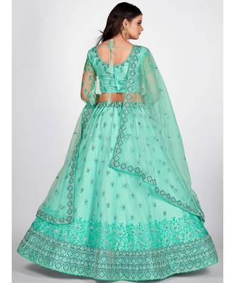 Turquoise Blue Sequinned & Embroidered Semi Stitched Lehenga & Unstitched Blouse With Dupatta 2