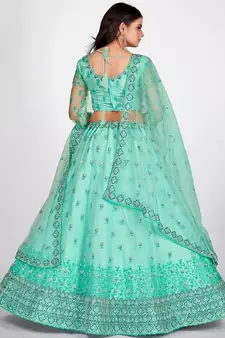 Turquoise Blue Sequinned & Embroidered Semi Stitched Lehenga & Unstitched Blouse With Dupatta