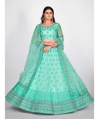 Turquoise Blue Sequinned & Embroidered Semi Stitched Lehenga & Unstitched Blouse With Dupatta 3