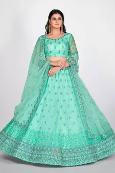 Turquoise Blue Sequinned & Embroidered Semi Stitched Lehenga & Unstitched Blouse With Dupatta
