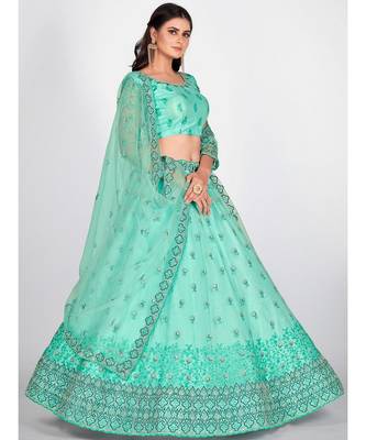 Turquoise Blue Sequinned & Embroidered Semi Stitched Lehenga & Unstitched Blouse With Dupatta 4