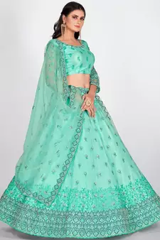 Turquoise Blue Sequinned & Embroidered Semi Stitched Lehenga & Unstitched Blouse With Dupatta