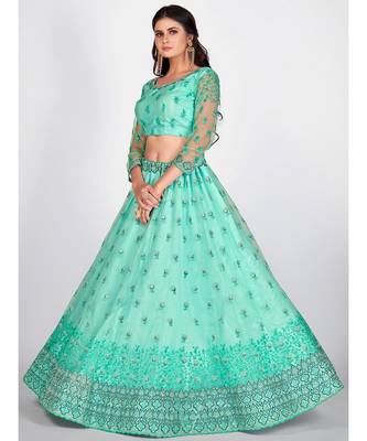 Turquoise Blue Sequinned & Embroidered Semi Stitched Lehenga & Unstitched Blouse With Dupatta 5