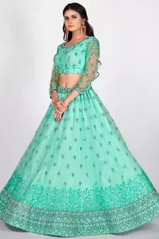 Turquoise Blue Sequinned & Embroidered Semi Stitched Lehenga & Unstitched Blouse With Dupatta