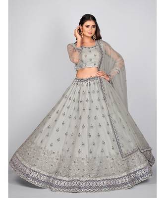 Grey Embellished Sequinned & Embroidered Semi Stitched Lehenga & Unstitched Blouse With Dupatta 1