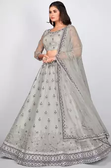 Grey Embellished Sequinned & Embroidered Semi Stitched Lehenga & Unstitched Blouse With Dupatta