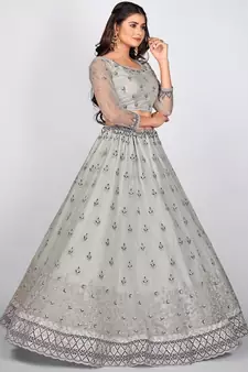 Grey Embellished Sequinned & Embroidered Semi Stitched Lehenga & Unstitched Blouse With Dupatta