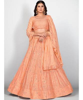 Orange Embellished Sequinned Semi Stitched Lehenga & Unstitched Blouse With Dupatta 1