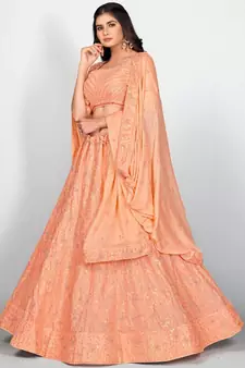 Orange Embellished Sequinned Semi Stitched Lehenga & Unstitched Blouse With Dupatta