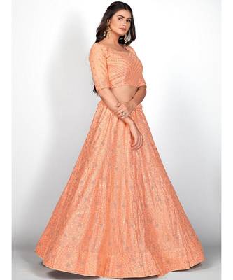 Orange Embellished Sequinned Semi Stitched Lehenga & Unstitched Blouse With Dupatta 4