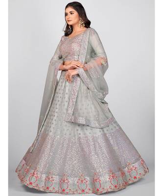 Grey Embellished Sequinned & Embroidered Semi Stitched Lehenga & Unstitched Blouse With Dupatta 1