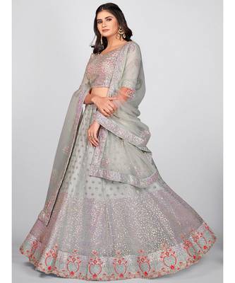 Grey Embellished Sequinned & Embroidered Semi Stitched Lehenga & Unstitched Blouse With Dupatta 3