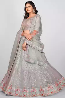 Grey Embellished Sequinned & Embroidered Semi Stitched Lehenga & Unstitched Blouse With Dupatta
