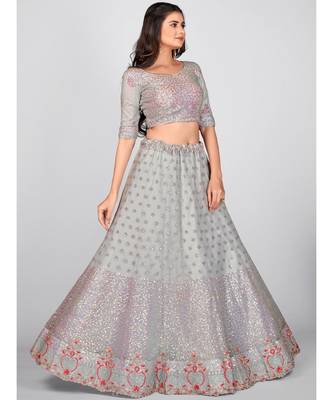Grey Embellished Sequinned & Embroidered Semi Stitched Lehenga & Unstitched Blouse With Dupatta 4
