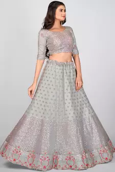 Grey Embellished Sequinned & Embroidered Semi Stitched Lehenga & Unstitched Blouse With Dupatta