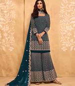 Dark-teal embroidered georgette salwar