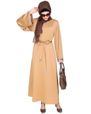 Beige plain satin abaya 1