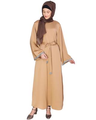 Beige plain satin abaya 2