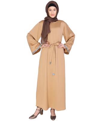 Beige plain satin abaya 3