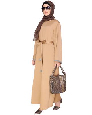 Beige plain satin abaya 4