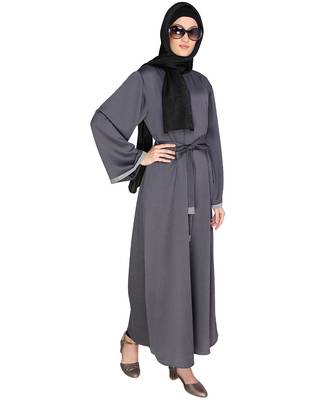 Dark-grey plain satin abaya 2