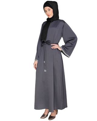 Dark-grey plain satin abaya 4